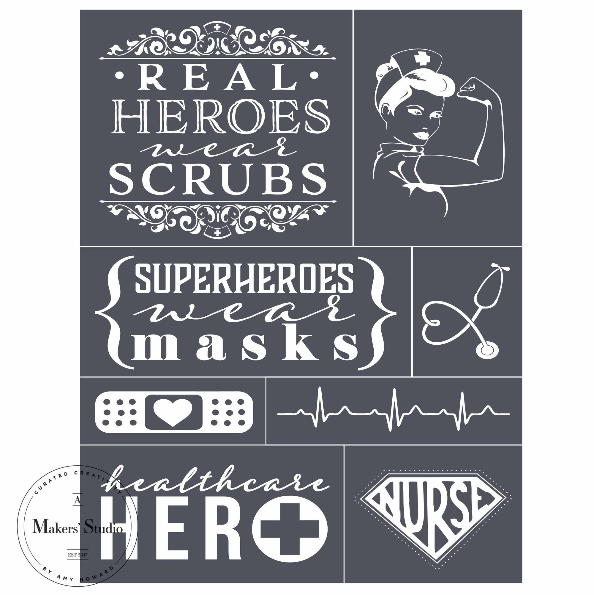 Real Heroes Wear Scrubs - Mesh Stencil 8.5x11